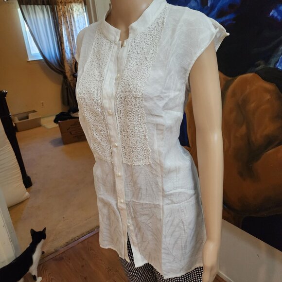 Coldwater Creek Linen Tunic Size M White Lace and Pattern - Picture 8 of 16